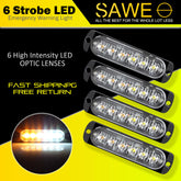 Emergency LED Strobe Lights Bar for Offroad Car Truck Warning Hazard Flash Grille and Surface Mount Light - Amber / White 6-LED SAWE Lighting