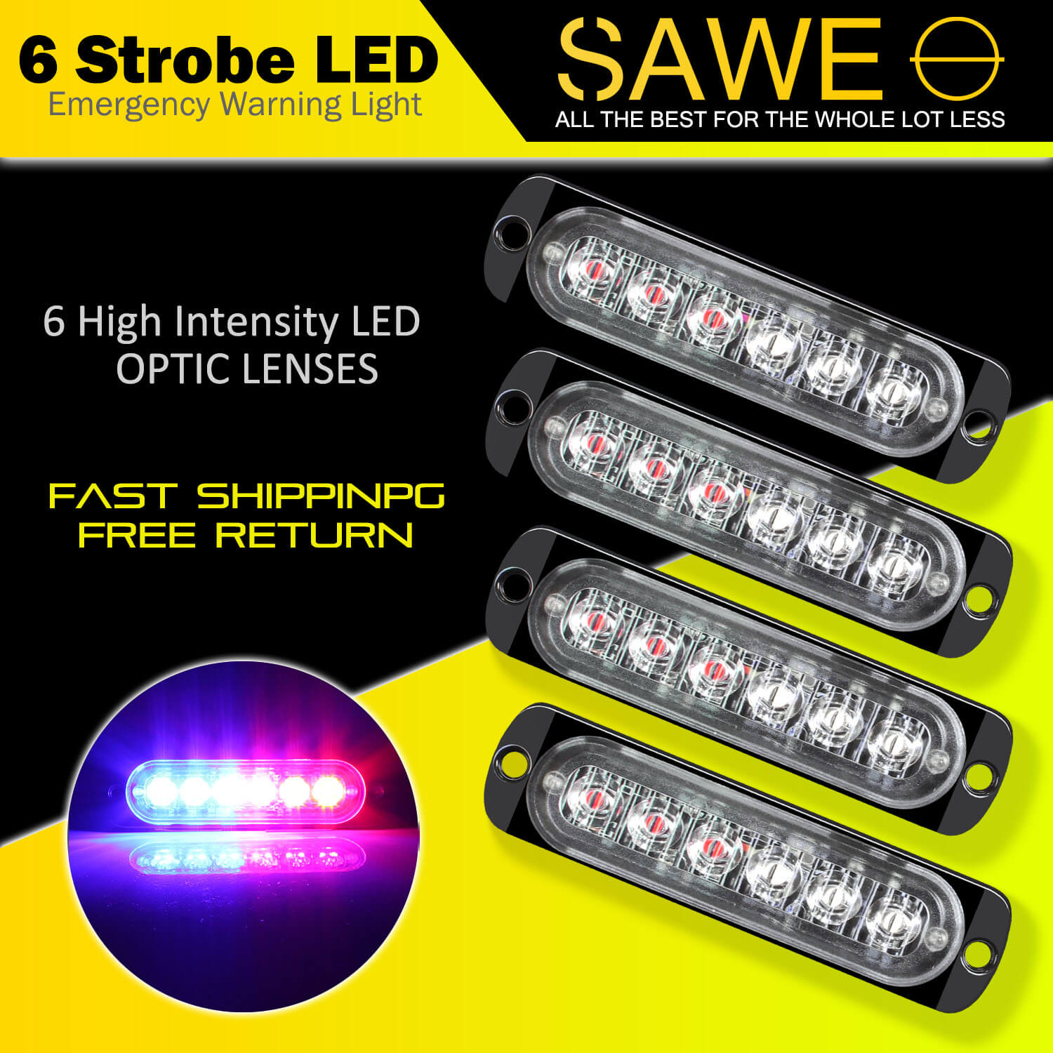 Emergency LED Strobe Lights Bar for Offroad Car Truck Warning Hazard Flash Grille and Surface Mount Light - Blue / Red 6-LED SAWE Lighting