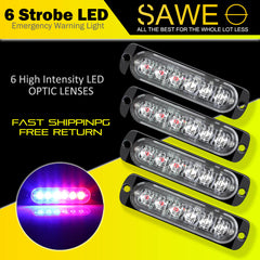 Emergency LED Strobe Lights Bar for Offroad Car Truck Warning Hazard Flash Grille and Surface Mount Light - Blue / Red 6-LED SAWE Lighting