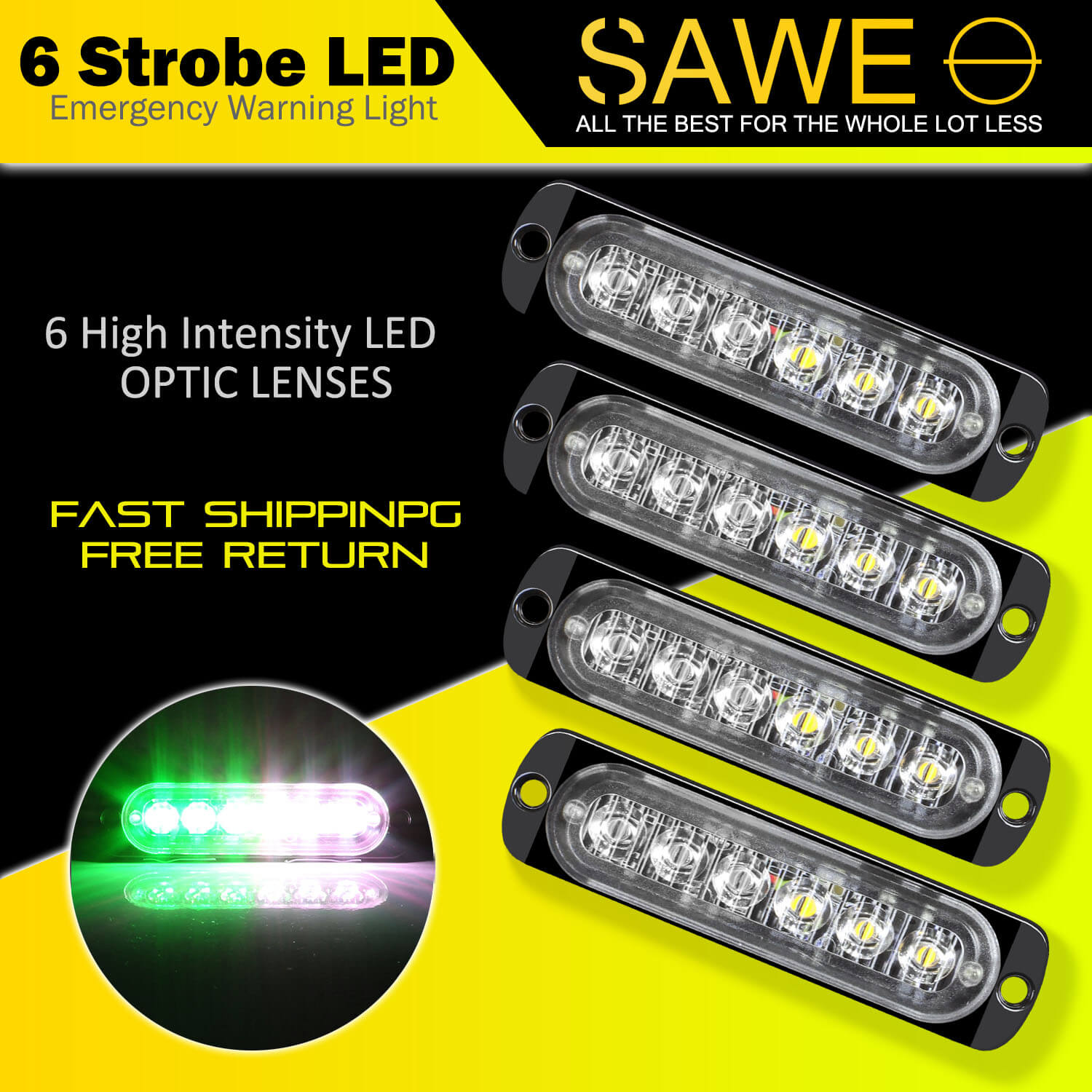 Emergency LED Strobe Lights Bar for Offroad Car Truck Warning Hazard Flash Grille and Surface Mount Light - Green / White 6-LED SAWE Lighting