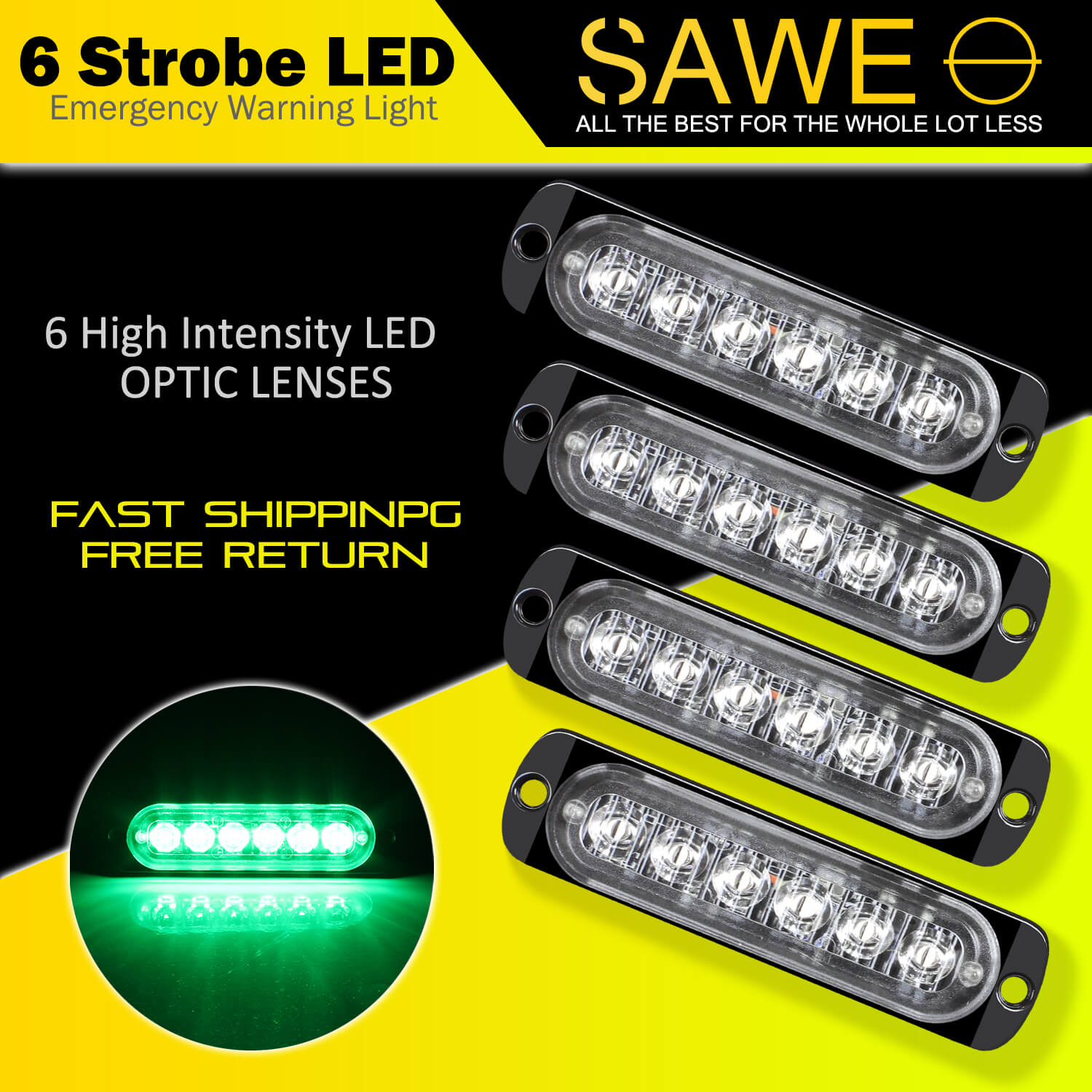 Emergency LED Strobe Lights Bar for Offroad Car Truck Warning Hazard Flash Grille and Surface Mount Light - Green 6-LED SAWE Lighting