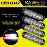 Emergency LED Strobe Lights Bar for Offroad Car Truck Warning Hazard Flash Grille and Surface Mount Light - Red / White 6-LED SAWE Lighting