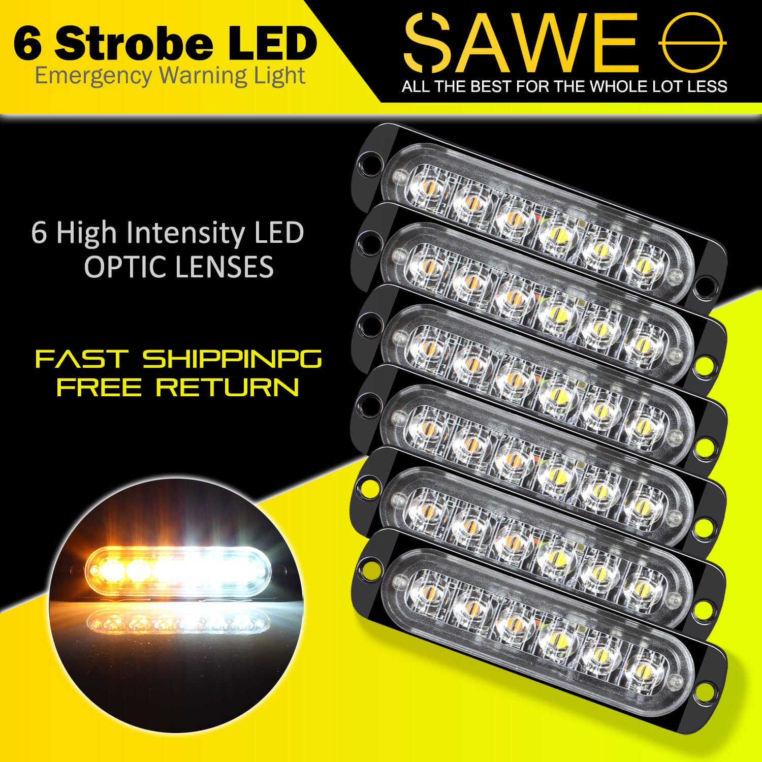 Emergency LED Strobe Lights Bar for Offroad Car Truck Warning Hazard Flash Grille and Surface Mount Light - Amber / White 6-LED SAWE Lighting