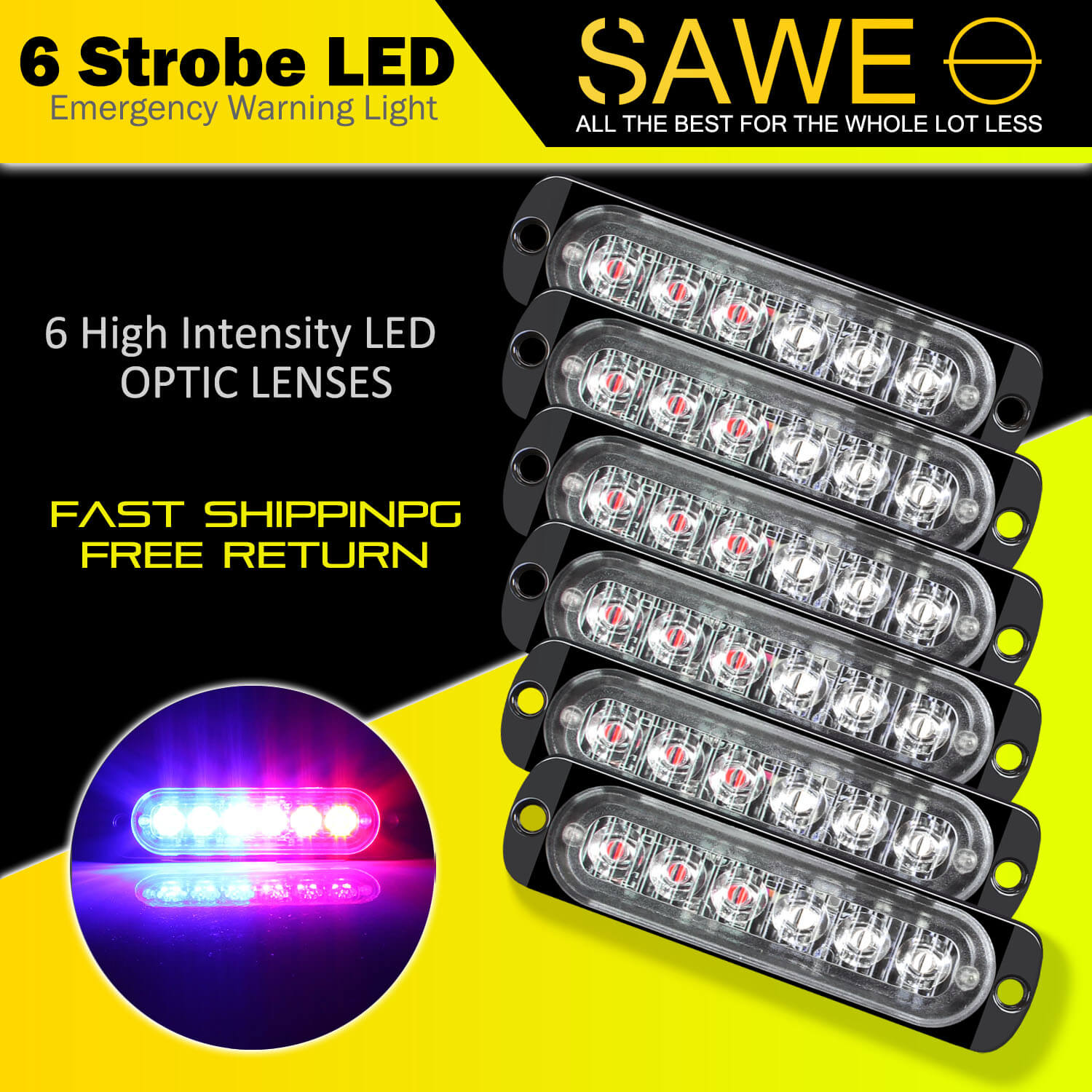 Emergency LED Strobe Lights Bar for Offroad Car Truck Warning Hazard Flash Grille and Surface Mount Light - Blue / Red 6-LED SAWE Lighting