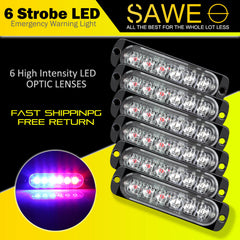 Emergency LED Strobe Lights Bar for Offroad Car Truck Warning Hazard Flash Grille and Surface Mount Light - Blue / Red 6-LED SAWE Lighting