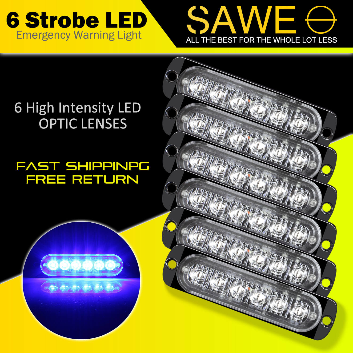 Emergency LED Strobe Lights Bar for Offroad Car Truck Warning Hazard Flash Grille and Surface Mount Light - Blue 6-LED SAWE Lighting