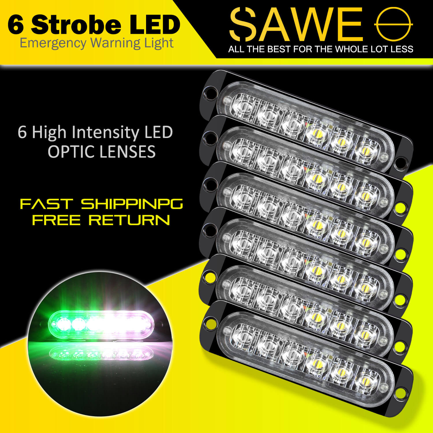 Emergency LED Strobe Lights Bar for Offroad Car Truck Warning Hazard Flash Grille and Surface Mount Light - Green / White 6-LED SAWE Lighting