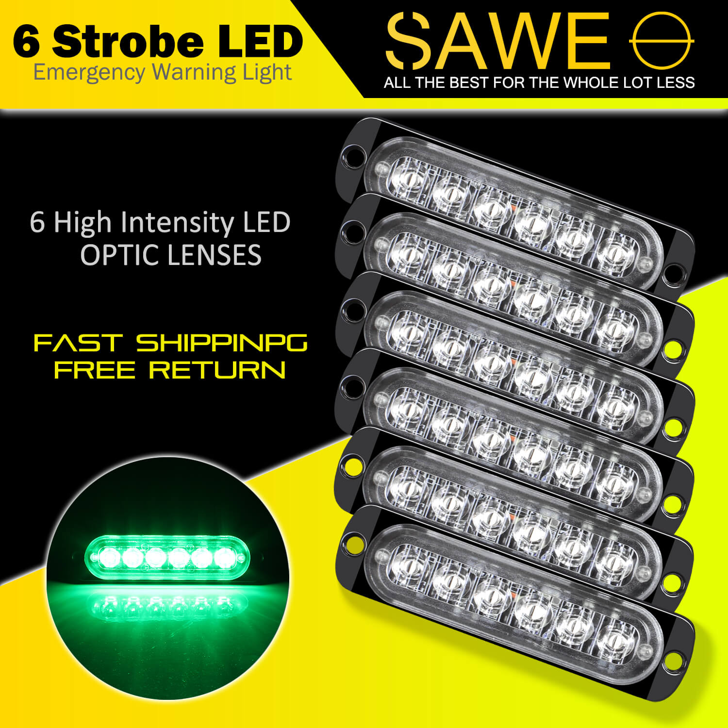 Emergency LED Strobe Lights Bar for Offroad Car Truck Warning Hazard Flash Grille and Surface Mount Light - Green 6-LED SAWE Lighting