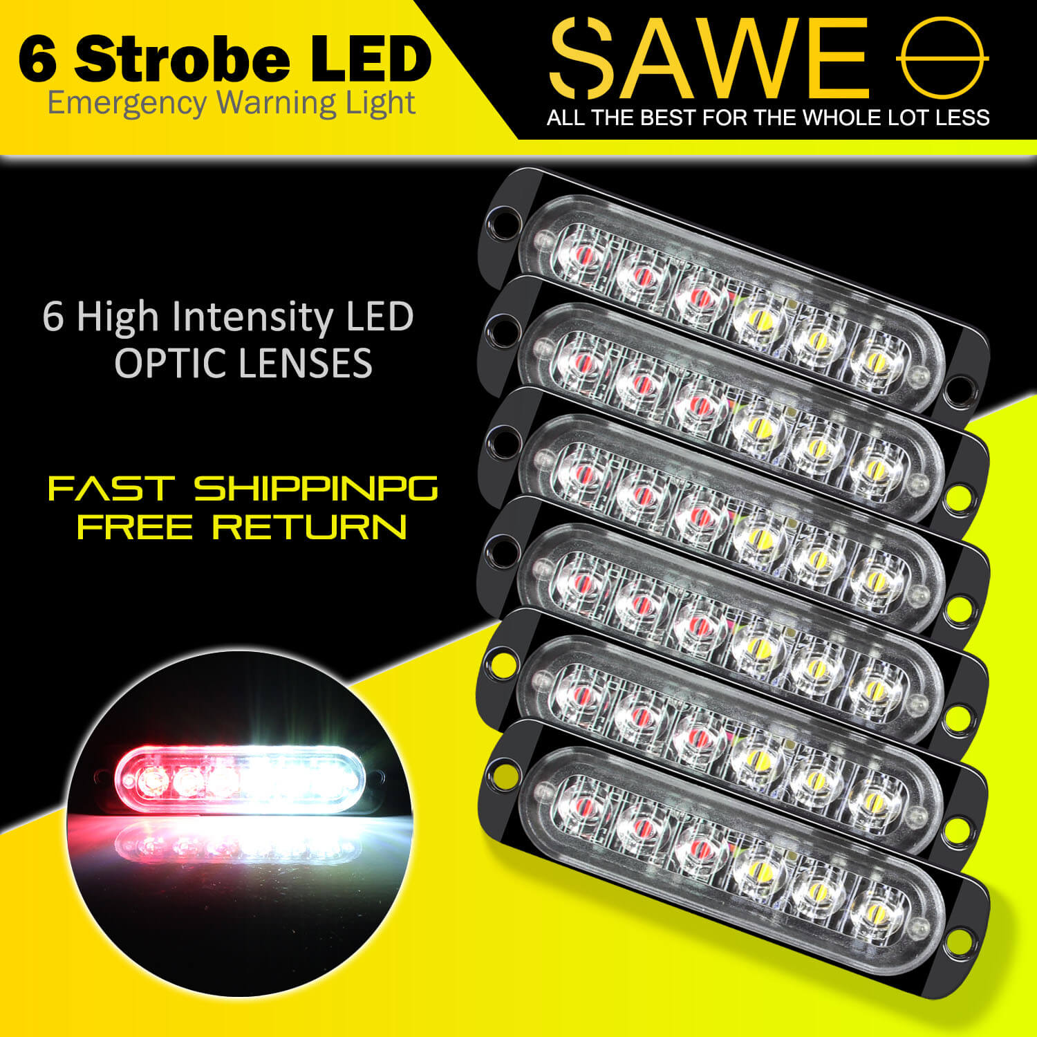 Emergency LED Strobe Lights Bar for Offroad Car Truck Warning Hazard Flash Grille and Surface Mount Light - Red / White 6-LED SAWE Lighting