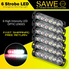 Emergency LED Strobe Lights Bar for Offroad Car Truck Warning Hazard Flash Grille and Surface Mount Light - Red / White 6-LED SAWE Lighting