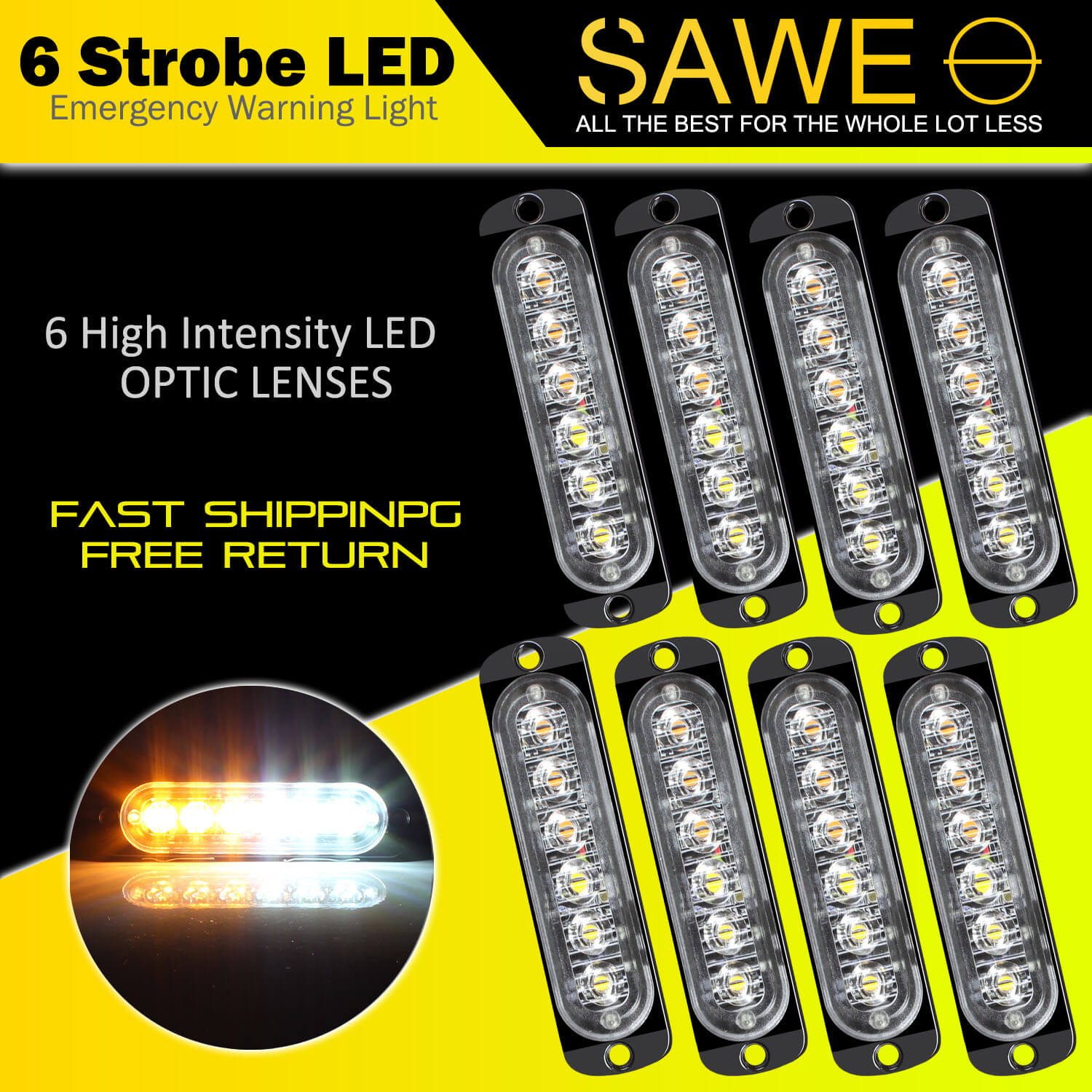 Emergency LED Strobe Lights Bar for Offroad Car Truck Warning Hazard Flash Grille and Surface Mount Light - Amber / White 6-LED SAWE Lighting