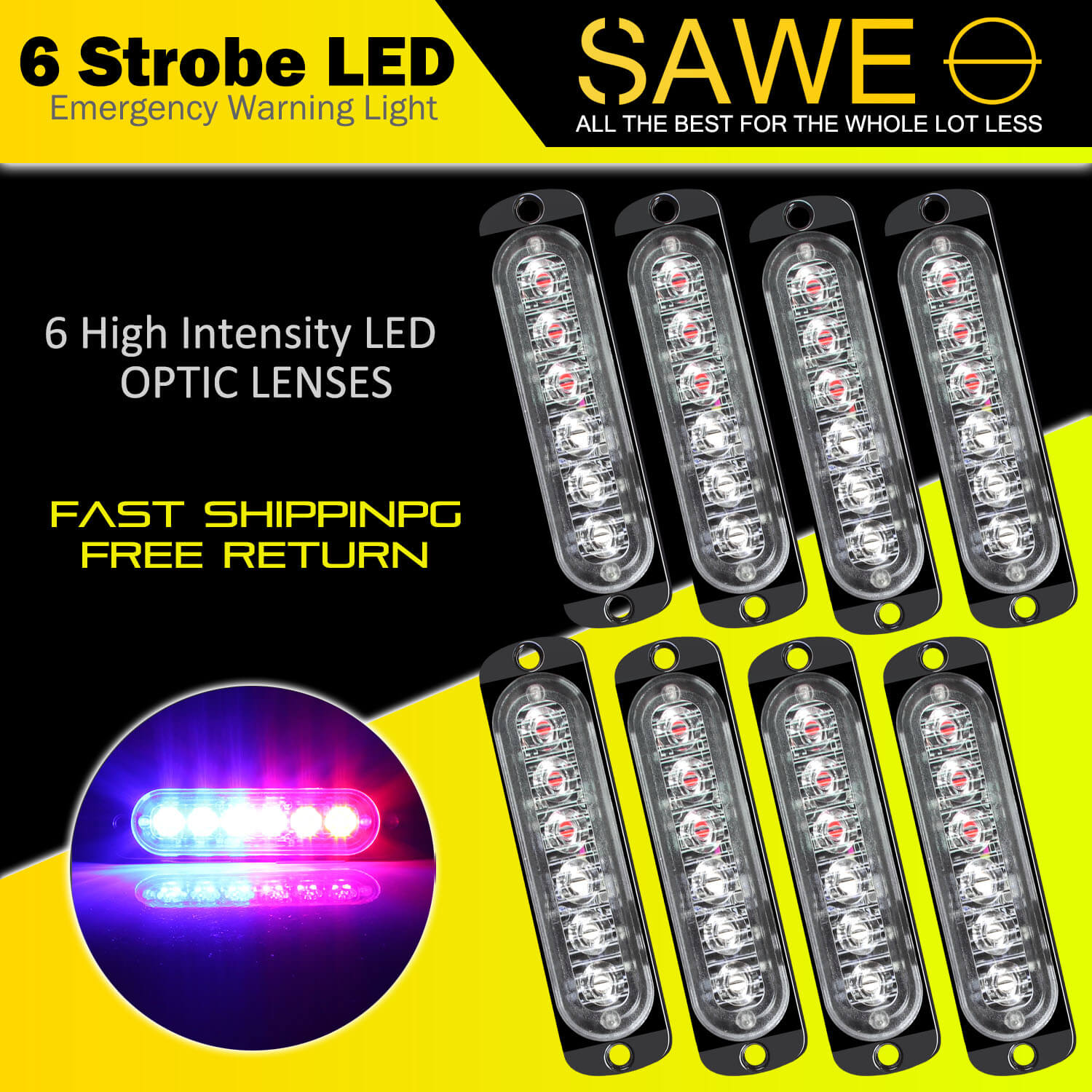 Emergency LED Strobe Lights Bar for Offroad Car Truck Warning Hazard Flash Grille and Surface Mount Light - Blue / Red 6-LED SAWE Lighting