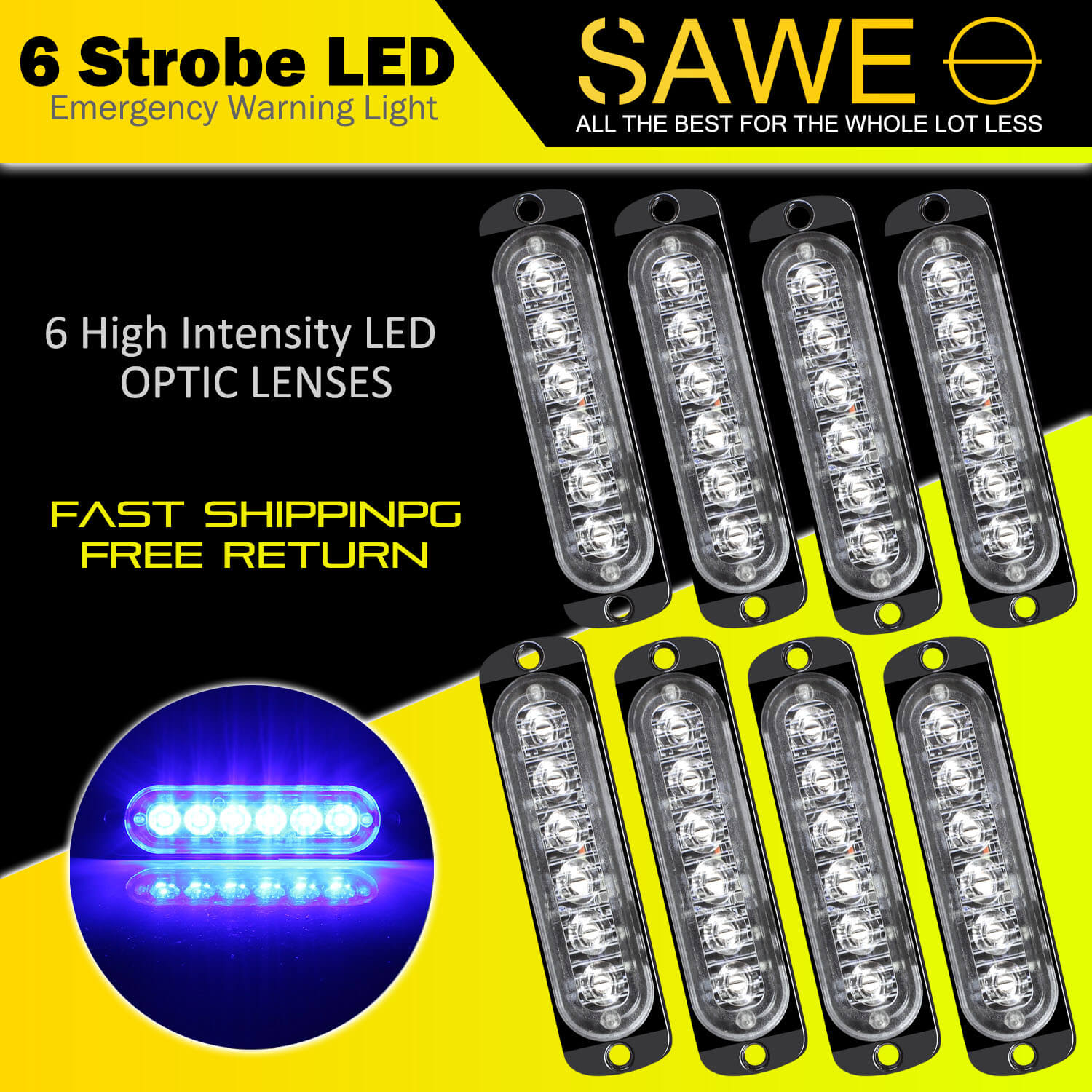 Emergency LED Strobe Lights Bar for Offroad Car Truck Warning Hazard Flash Grille and Surface Mount Light - Blue 6-LED SAWE Lighting