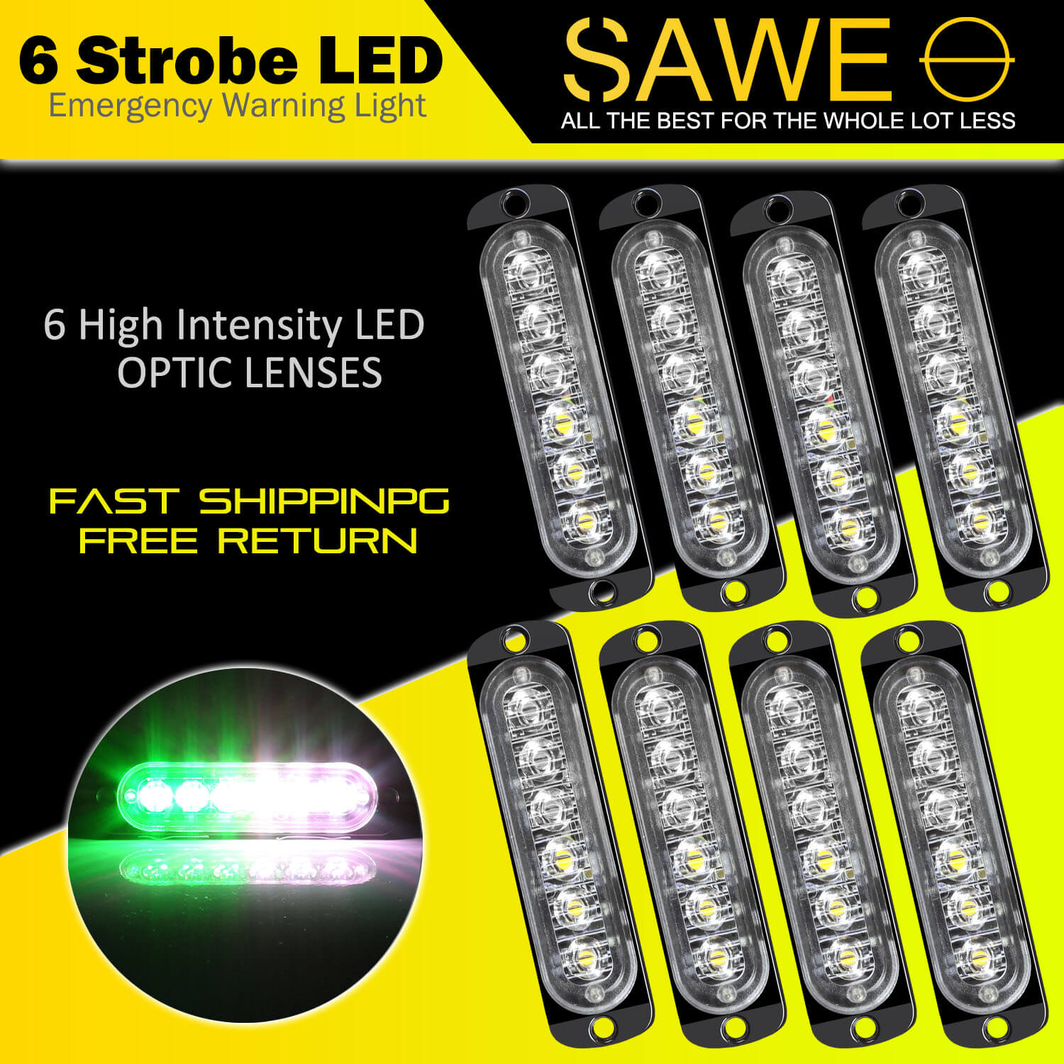 Emergency LED Strobe Lights Bar for Offroad Car Truck Warning Hazard Flash Grille and Surface Mount Light - Green / White 6-LED SAWE Lighting