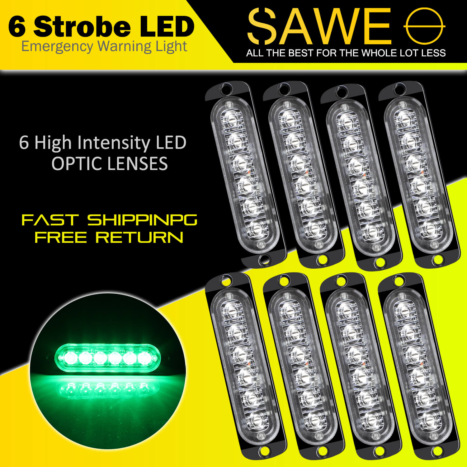Emergency LED Strobe Lights Bar for Offroad Car Truck Warning Hazard Flash Grille and Surface Mount Light - Green 6-LED SAWE Lighting
