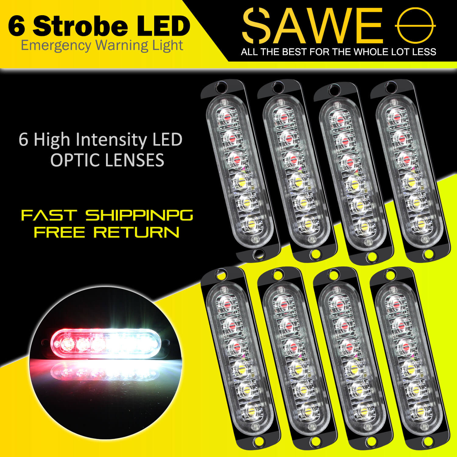 Emergency LED Strobe Lights Bar for Offroad Car Truck Warning Hazard Flash Grille and Surface Mount Light - Red / White 6-LED SAWE Lighting