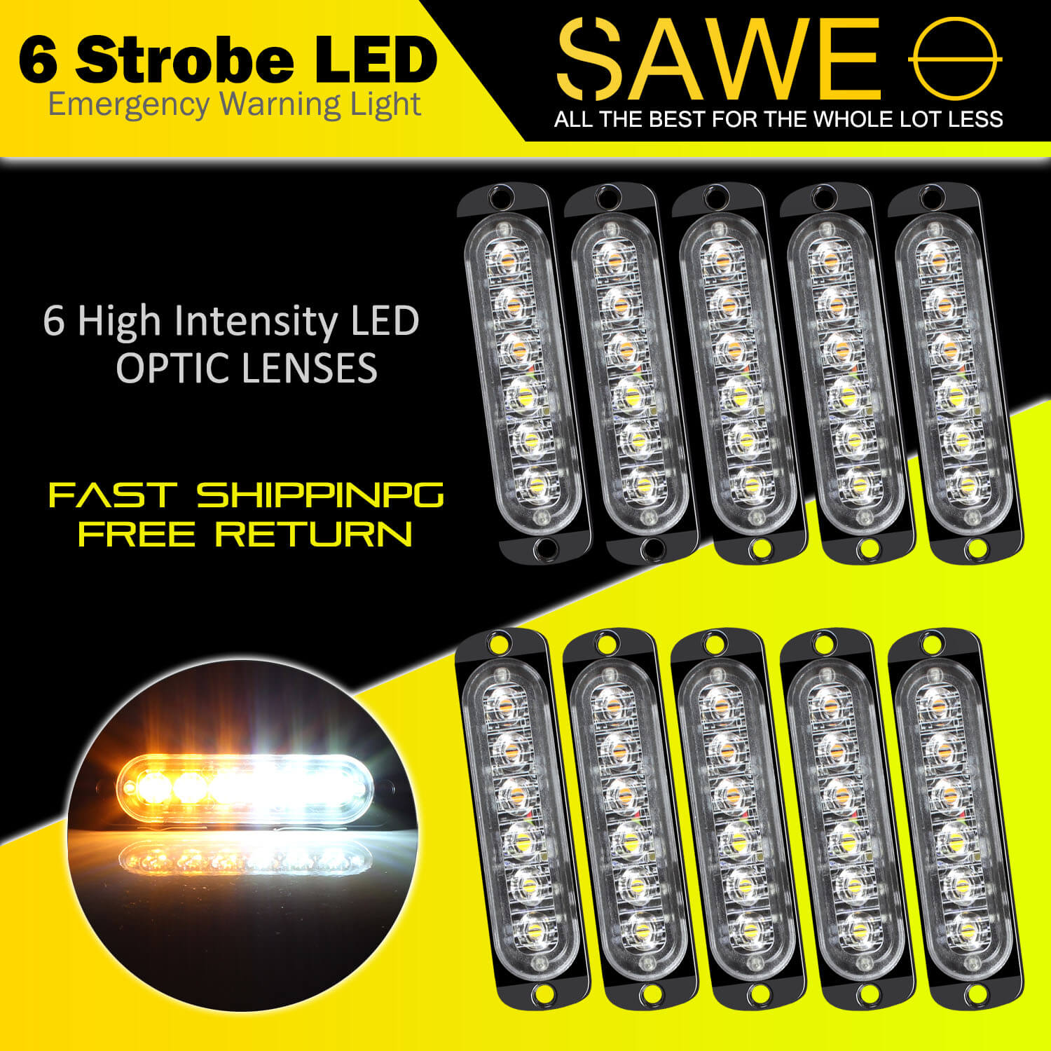 Emergency LED Strobe Lights Bar for Offroad Car Truck Warning Hazard Flash Grille and Surface Mount Light - Amber / White 6-LED SAWE Lighting