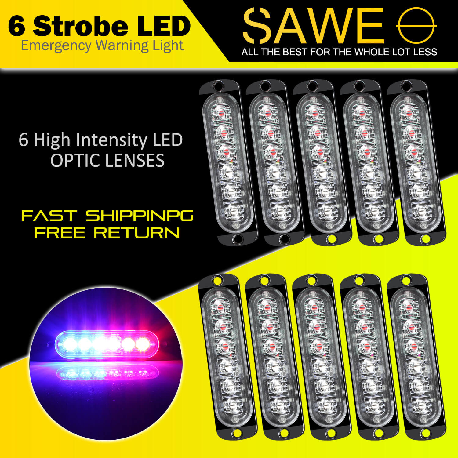 Emergency LED Strobe Lights Bar for Offroad Car Truck Warning Hazard Flash Grille and Surface Mount Light - Blue / Red 6-LED SAWE Lighting