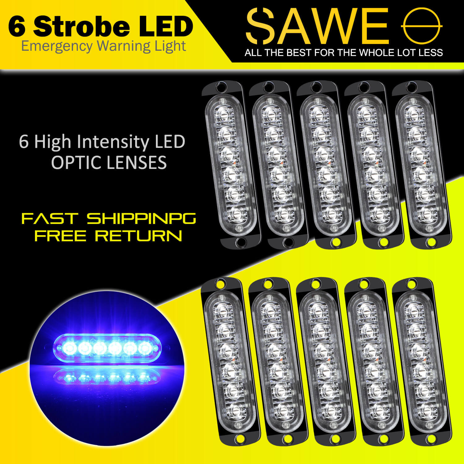 Emergency LED Strobe Lights Bar for Offroad Car Truck Warning Hazard Flash Grille and Surface Mount Light - Blue 6-LED SAWE Lighting