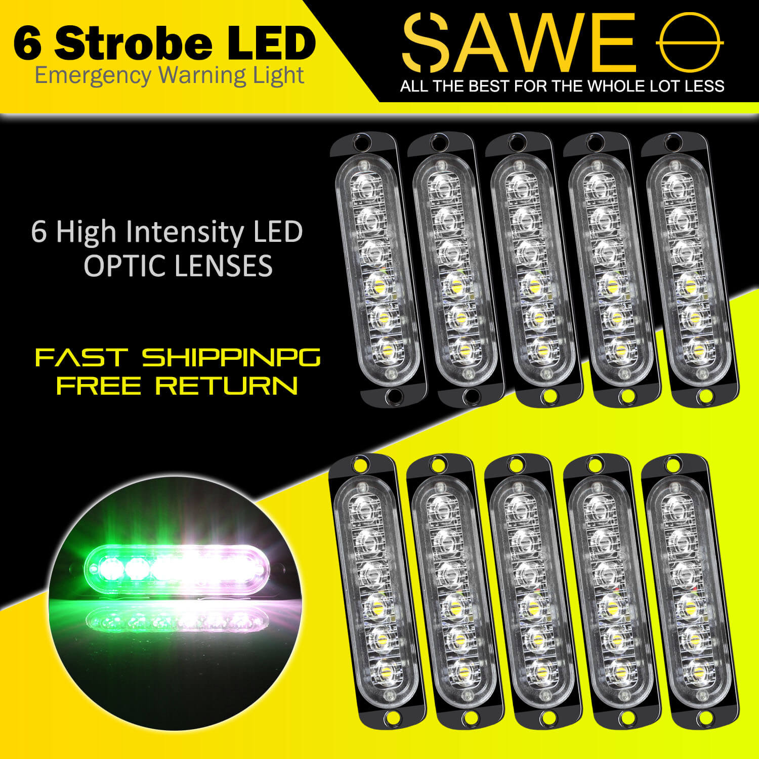 Emergency LED Strobe Lights Bar for Offroad Car Truck Warning Hazard Flash Grille and Surface Mount Light - Green / White 6-LED SAWE Lighting