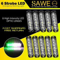 Emergency LED Strobe Lights Bar for Offroad Car Truck Warning Hazard Flash Grille and Surface Mount Light - Green / White 6-LED SAWE Lighting