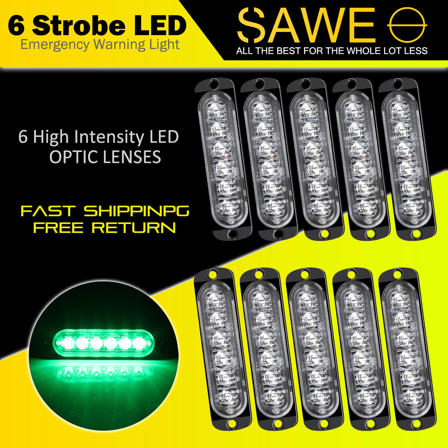Emergency LED Strobe Lights Bar for Offroad Car Truck Warning Hazard Flash Grille and Surface Mount Light - Green 6-LED SAWE Lighting