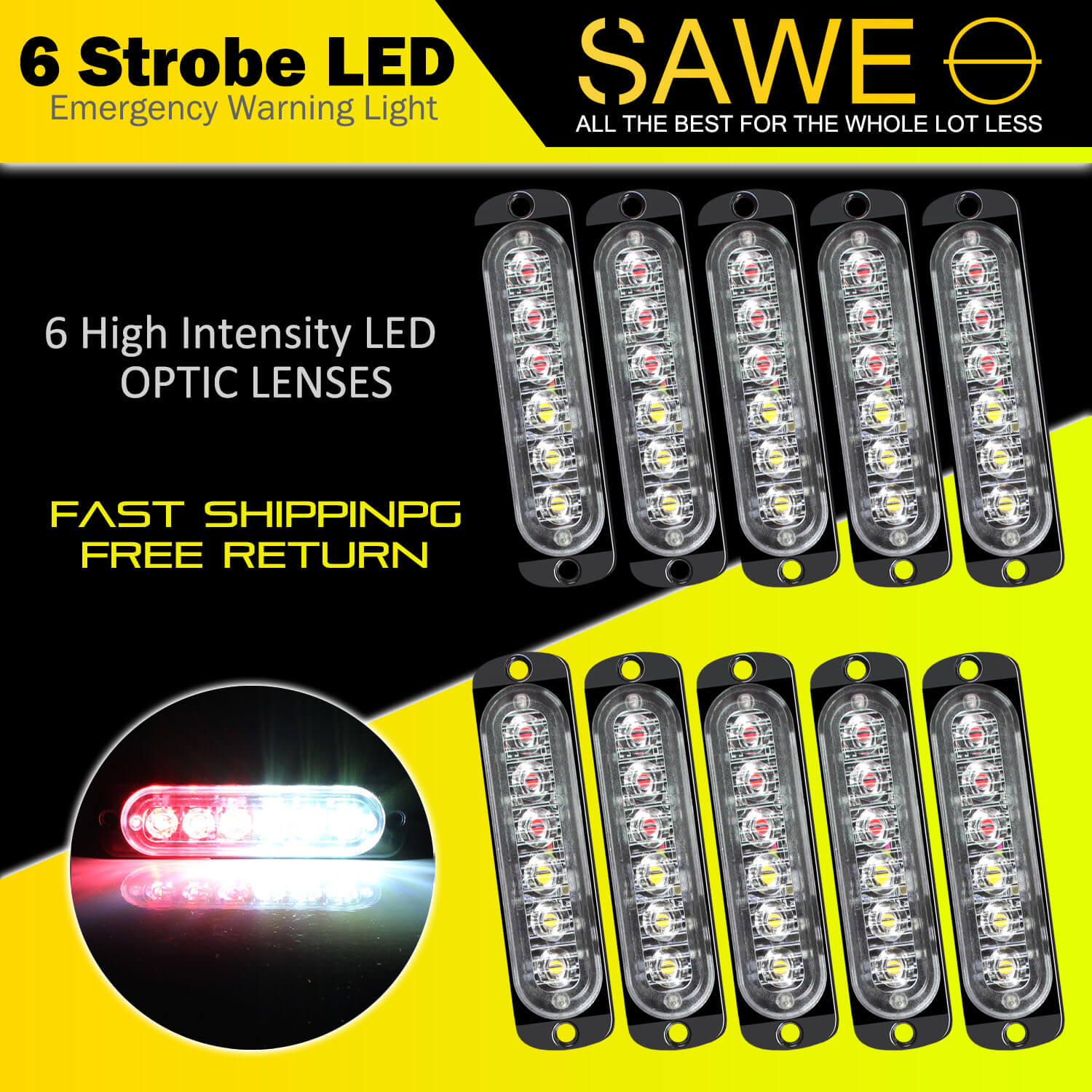 Emergency LED Strobe Lights Bar for Offroad Car Truck Warning Hazard Flash Grille and Surface Mount Light - Red / White 6-LED SAWE Lighting