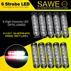 Emergency LED Strobe Lights Bar for Offroad Car Truck Warning Hazard Flash Grille and Surface Mount Light - Red / White 6-LED SAWE Lighting