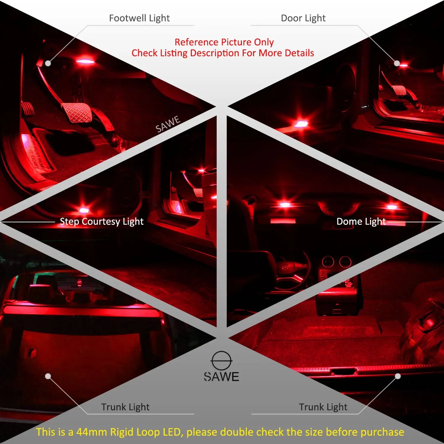 SAWE ® 561 563 567 564 212-2 LED Bulbs Festoon 44mm COB Rigid Loop Interior Lights (2 Pieces) - Red SAWE Lighting