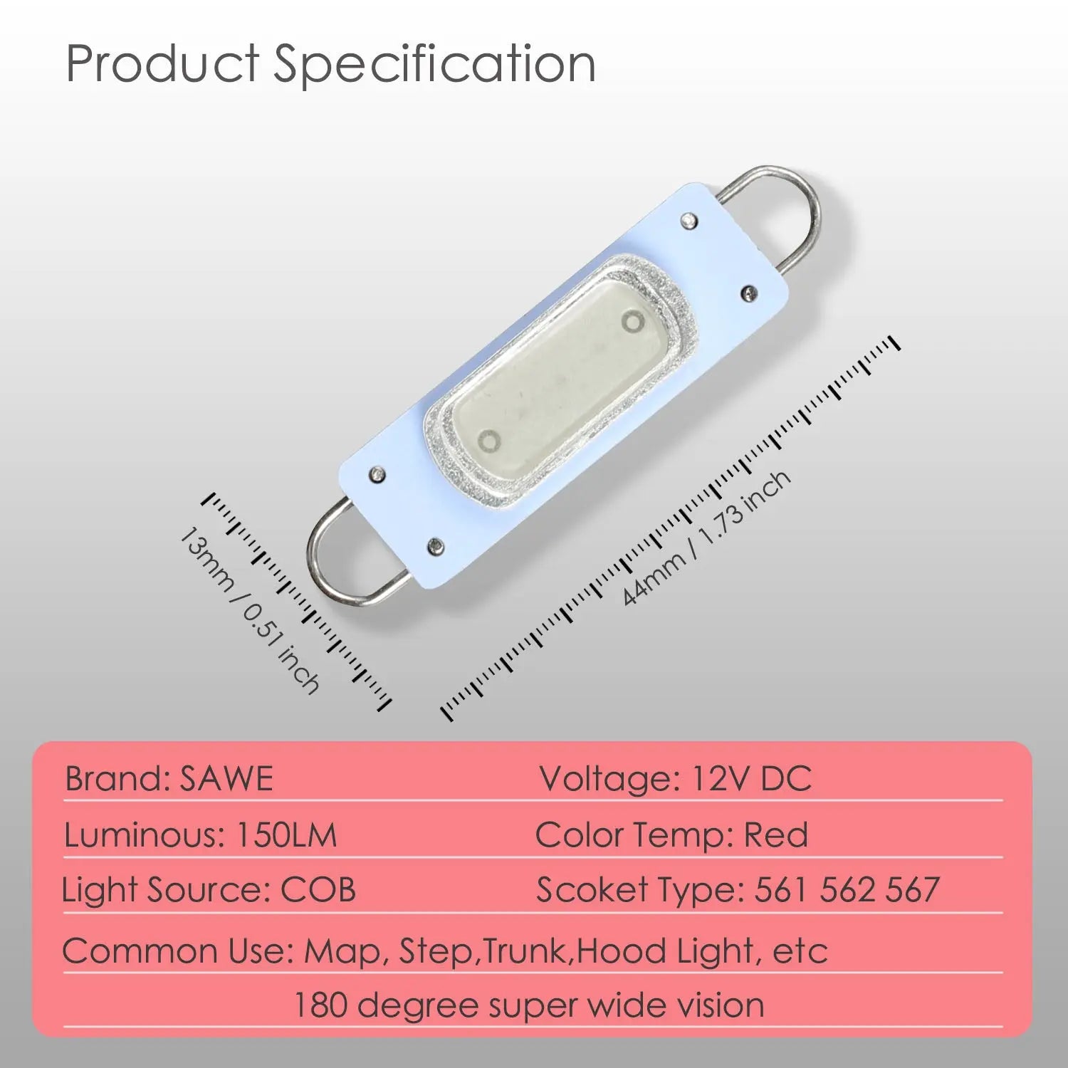 SAWE ® 561 563 567 564 212-2 LED Bulbs Festoon 44mm COB Rigid Loop Interior Lights (2 Pieces) - Red SAWE Lighting