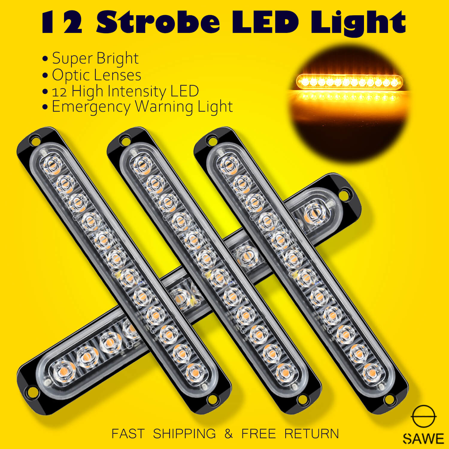 Emergency LED Strobe Lights Bar for Offroad Car Truck Warning Hazard Flash Grille and Surface Mount Light - Amber 12-LED SAWE Lighting