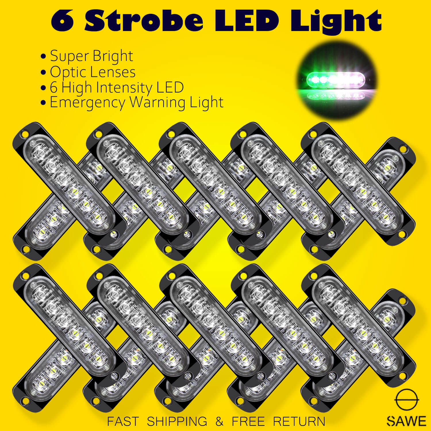 Emergency LED Strobe Lights Bar for Offroad Car Truck Warning Hazard Flash Grille and Surface Mount Light - Green / White 6-LED SAWE Lighting