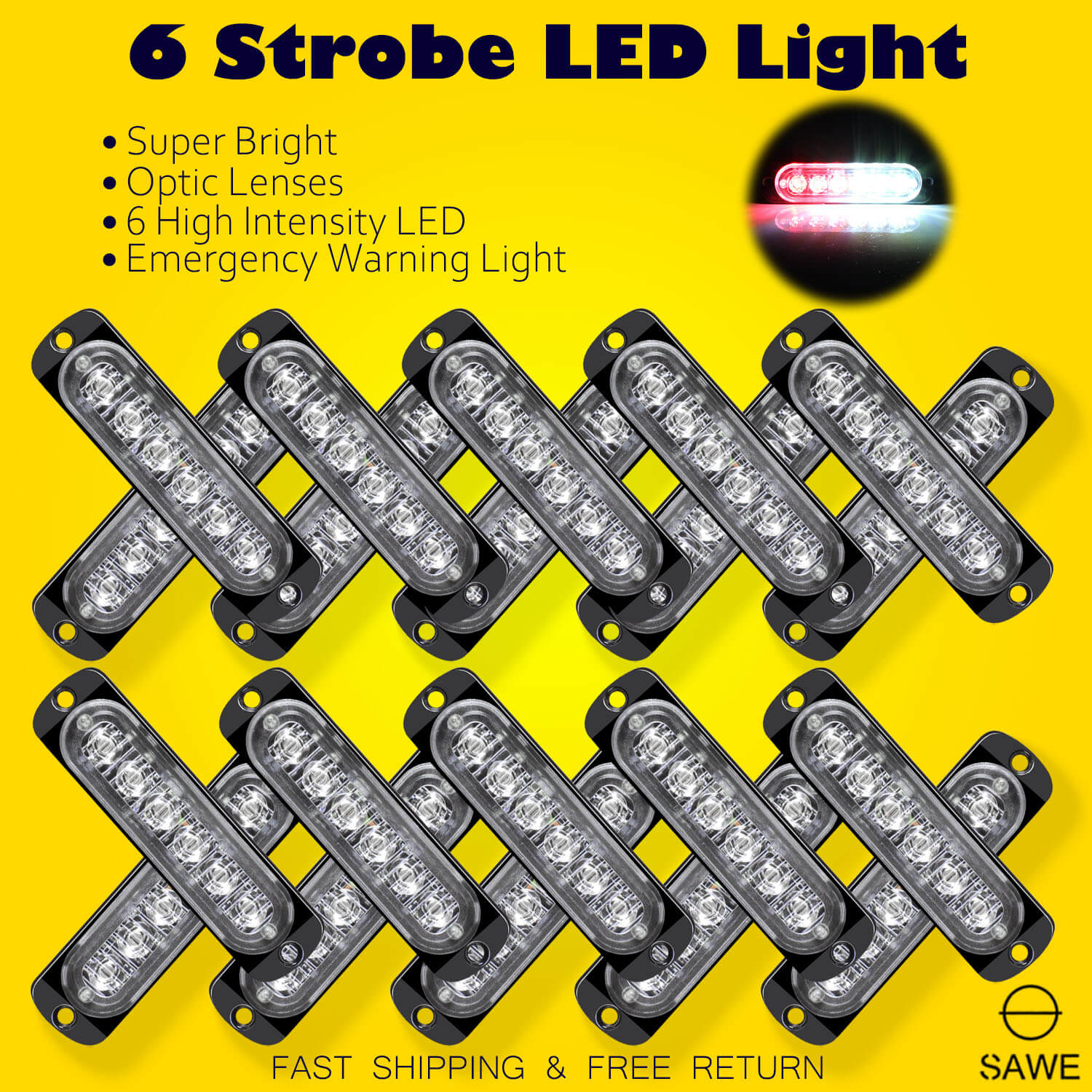 Emergency LED Strobe Lights Bar for Offroad Car Truck Warning Hazard Flash Grille and Surface Mount Light - Red / White 6-LED SAWE Lighting