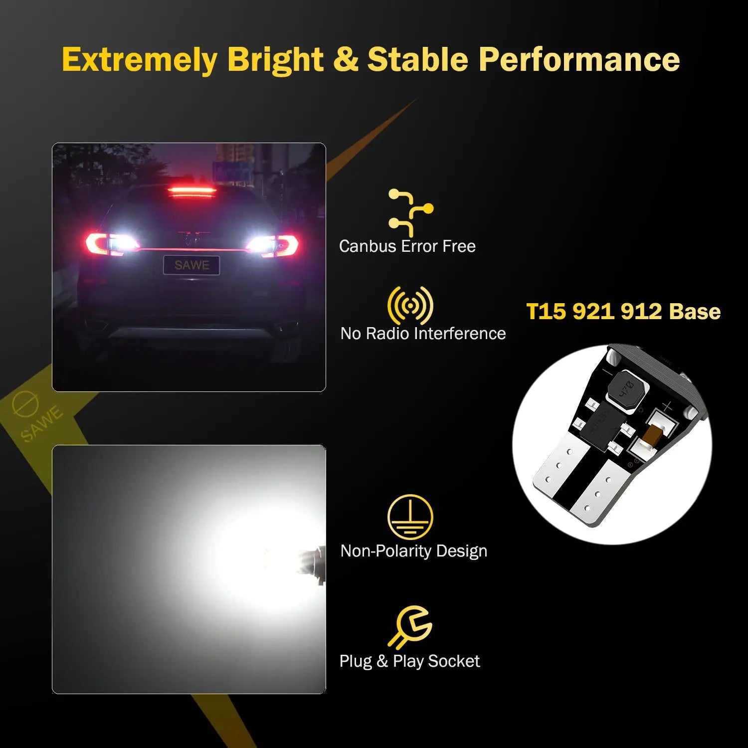 SAWE ® 921 912 LED Bulb for Backup Reverse Lights High Power 2835 21smd Error Free T15 906 C921 922 W16W Bulbs - 6000K White SAWE Lighting