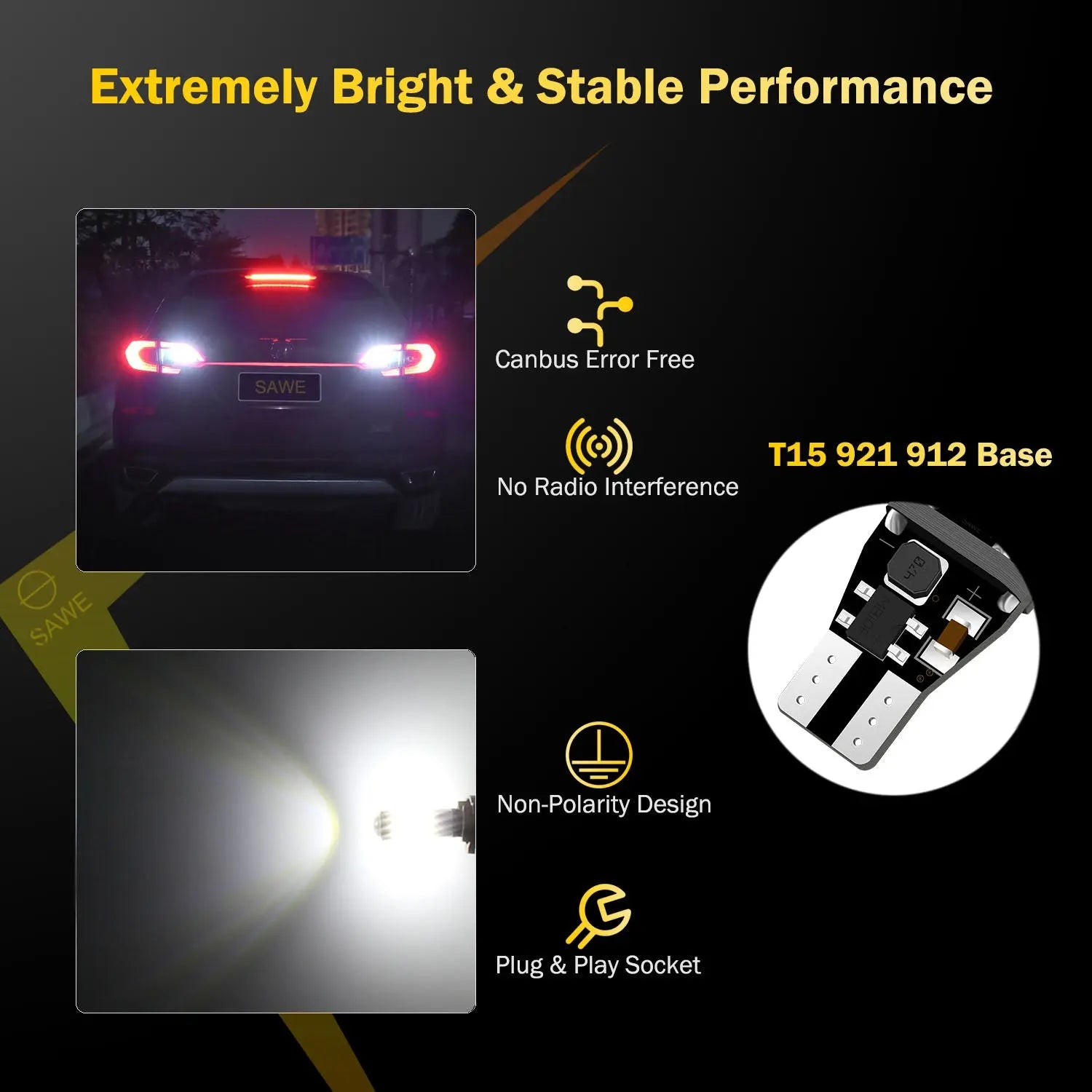 SAWE ® 921 High Power LED Bulb for Backup Reverse Lights with Projector 3014 54smd T15 912 906 C921 W16W Bulbs - 6000K White SAWE Lighting