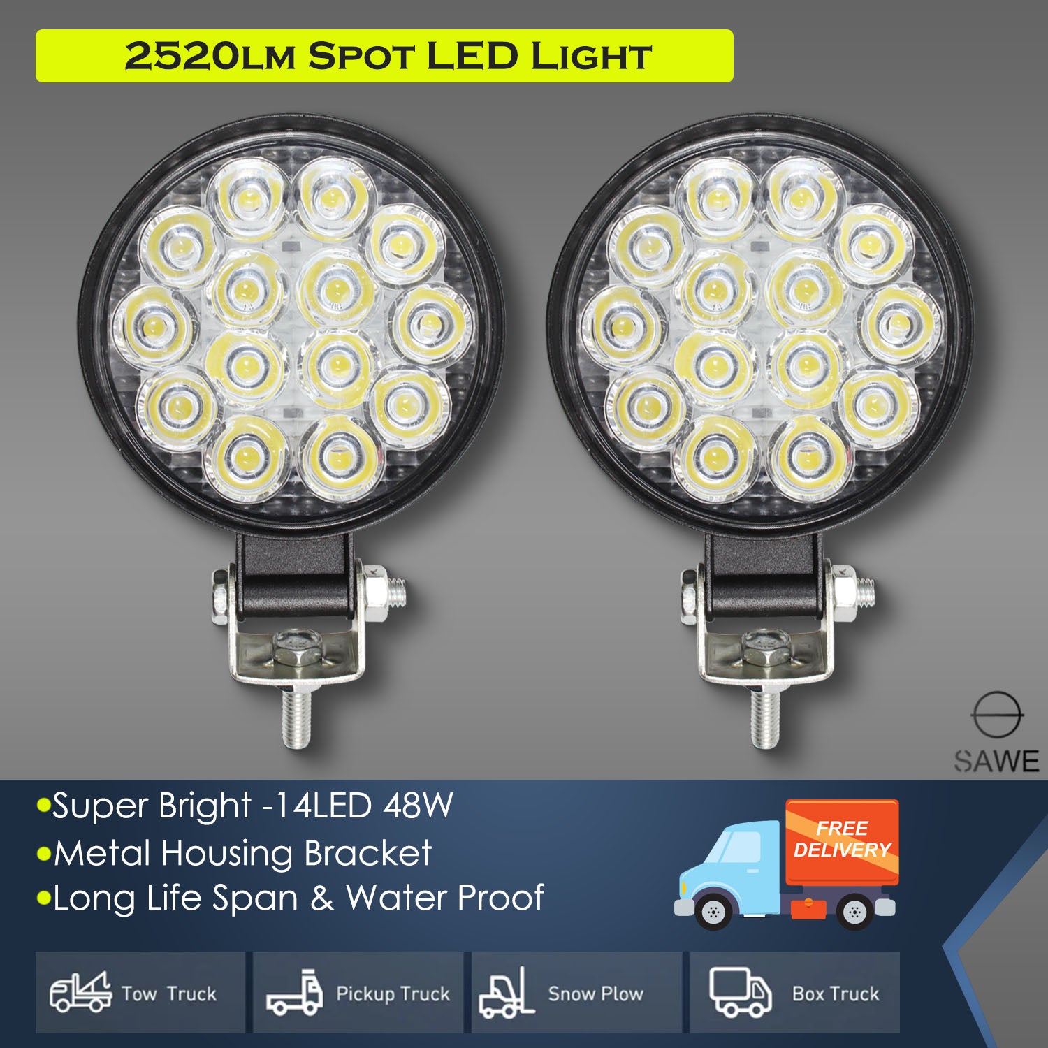3.35" 48W Round LED Spotlights for Trucks Pickup SUV ATV Offroad Fog Flood Work Pod Light Bulbs Bar - White