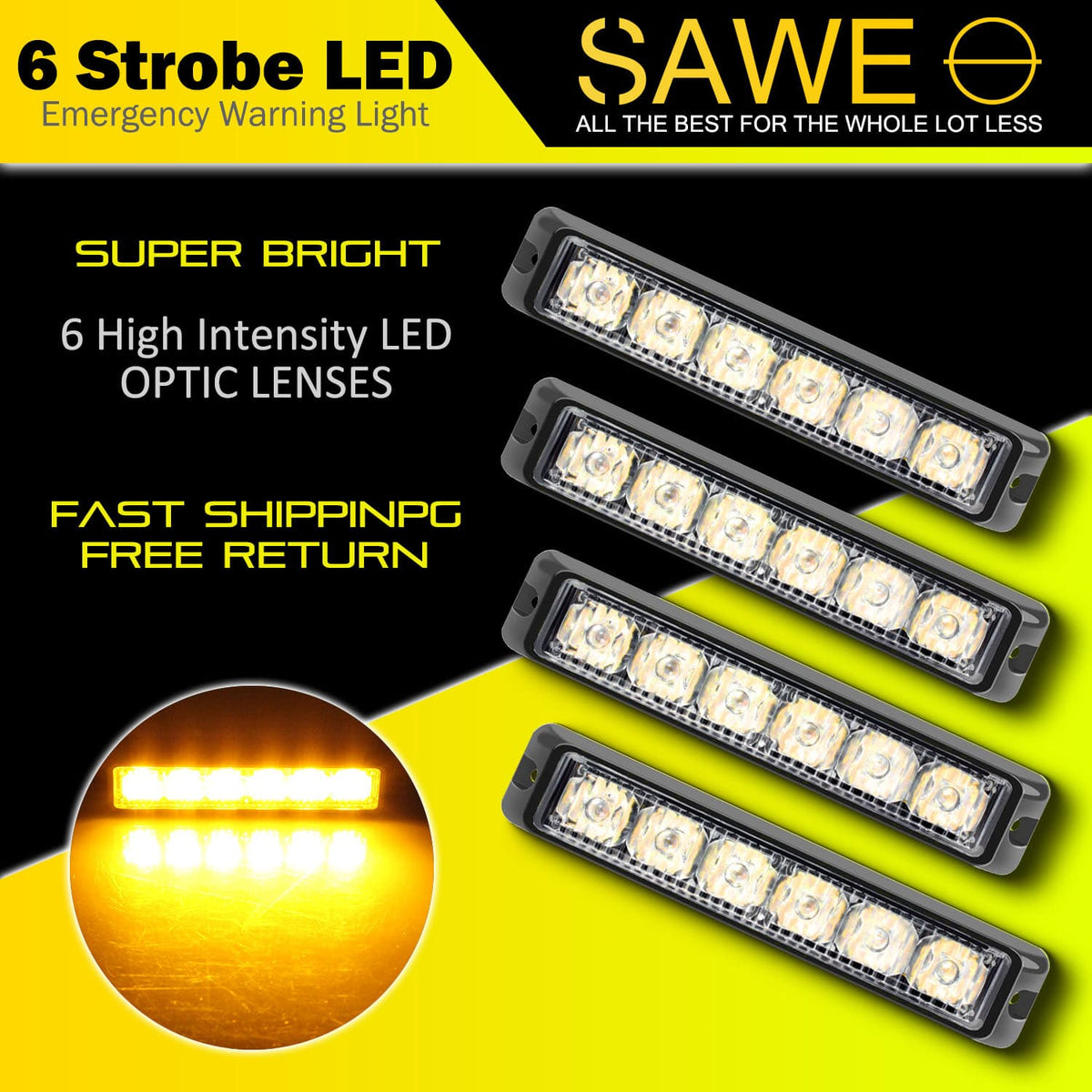 Premier Emergency LED Strobe Lights Bar for Offroad Car Truck Warning Hazard Flash Grille and Surface Mount Light - Amber 6-LED SAWE Lighting