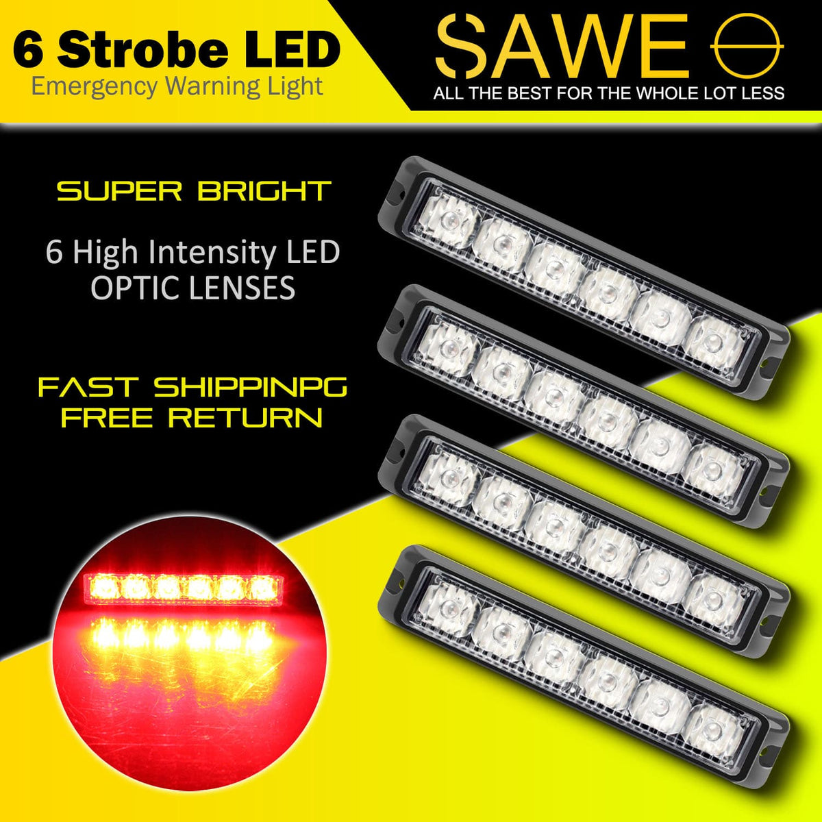 Premier Emergency LED Strobe Lights Bar for Offroad Car Truck Warning Hazard Flash Grille and Surface Mount Light - Red 6-LED SAWE Lighting