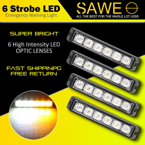 Premier Emergency LED Strobe Lights Bar for Offroad Car Truck Warning Hazard Flash Grille and Surface Mount Light - Amber White 6-LED SAWE Lighting