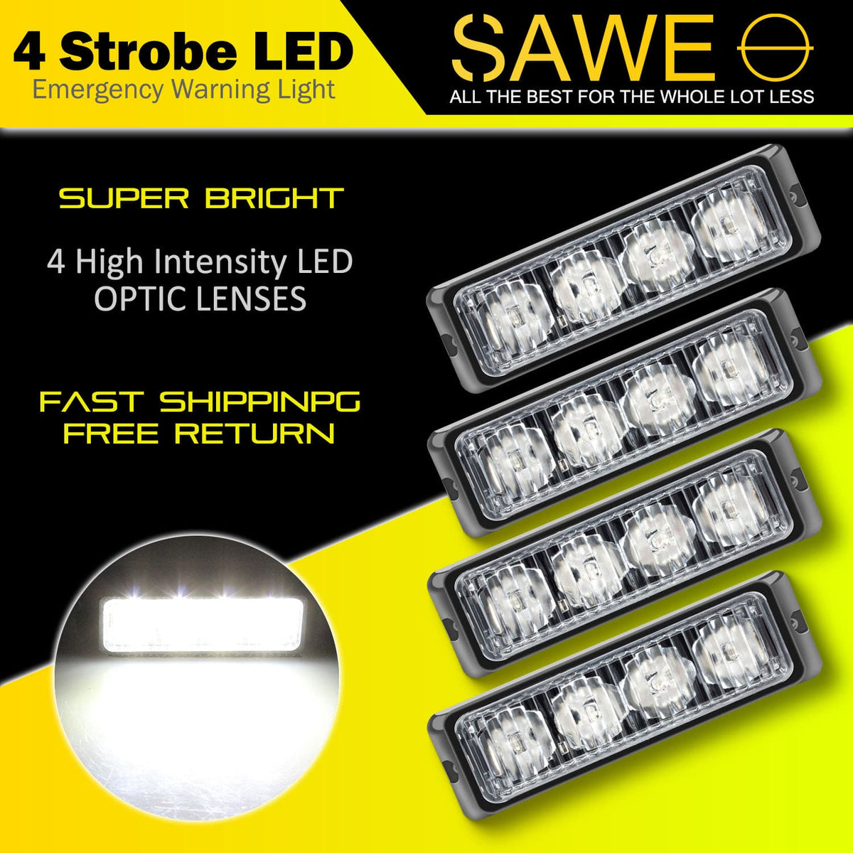 Premier Emergency LED Strobe Lights Bar for Offroad Car Truck Warning Hazard Flash Grille and Surface Mount Light - White 4-LED SAWE Lighting