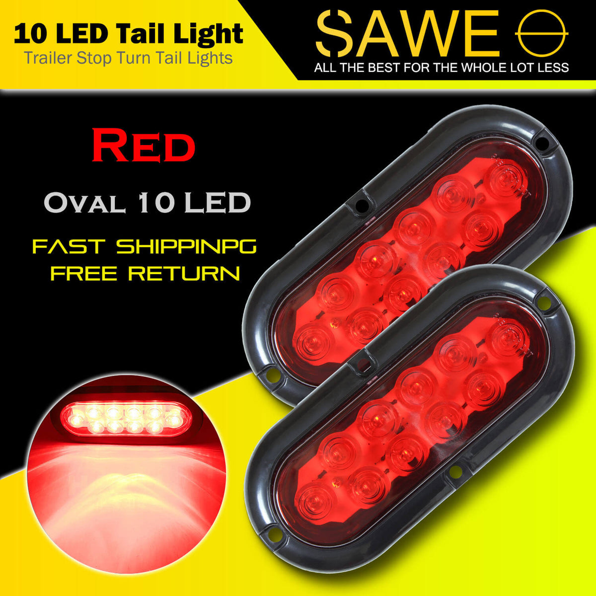 10-LED 6" Inch Red Oval Flush Mount Brake LED Lights Stop Tail Light for Car Truck Trailer