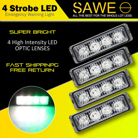 Premier Emergency LED Strobe Lights Bar for Offroad Car Truck Warning Hazard Flash Grille and Surface Mount Light - Green / White 4-LED SAWE Lighting