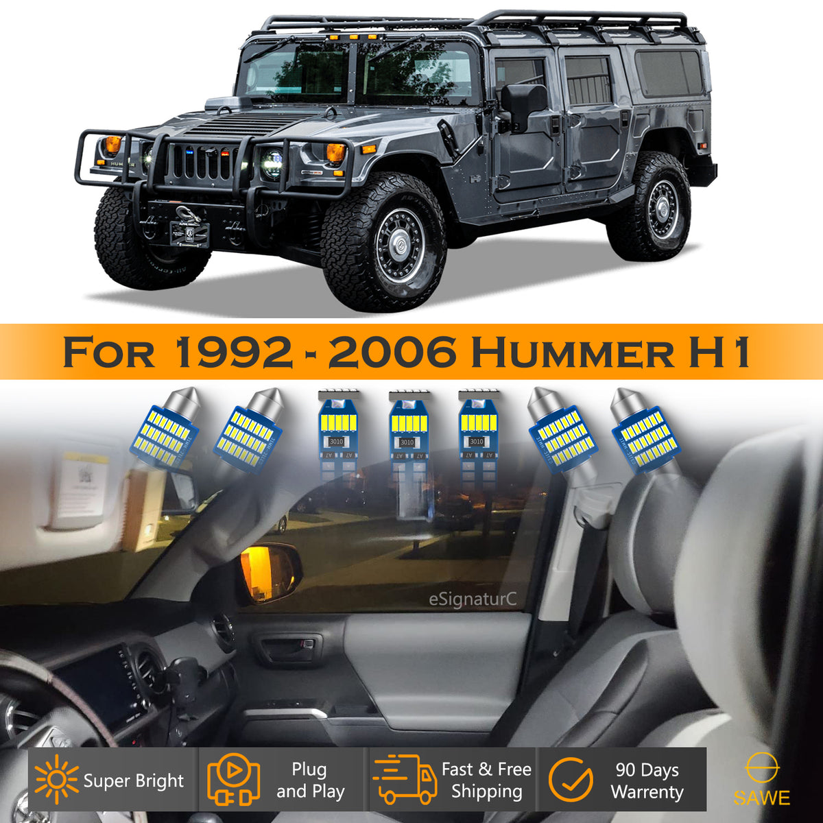 For Hummer H1 Interior LED Lights - Dome & Map Light Bulb Package Kit for 2002 - 2006 - White