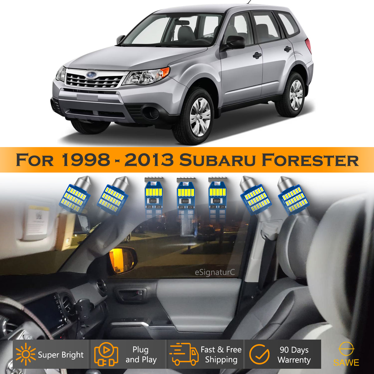 For Subaru Forester Interior LED Lights - Dome & Map Light Bulbs Package Kit for 1998 - 2013 - White