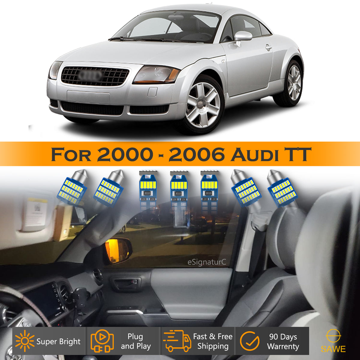 For Audi TT Interior LED Lights - Dome & Map Light Bulbs Package Kit for 2000 - 2006 - White