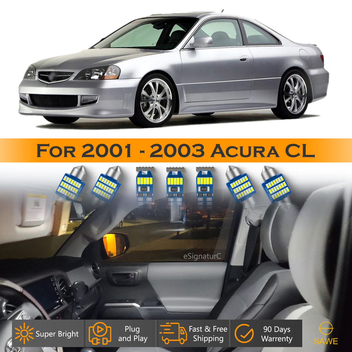 For Acura CL Interior LED Lights - Dome & Map Light Bulbs Package Kit for 2001 - 2003 - White