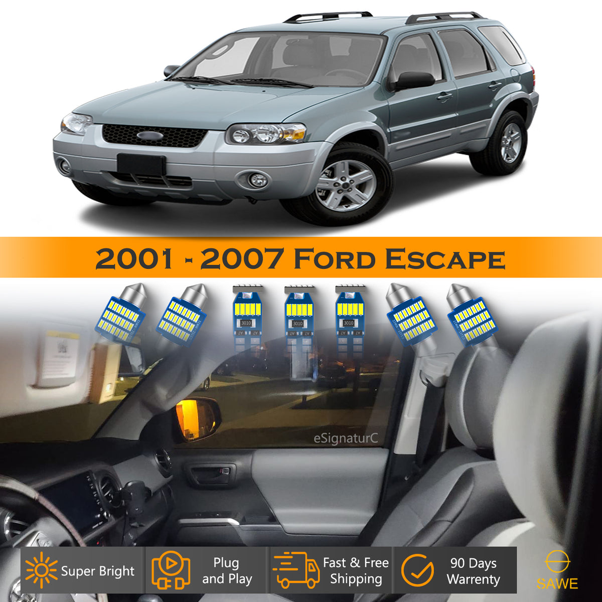 For Ford Escape Interior LED Lights - Dome & Map Light Bulbs Package Kit for 2001 - 2007 - White