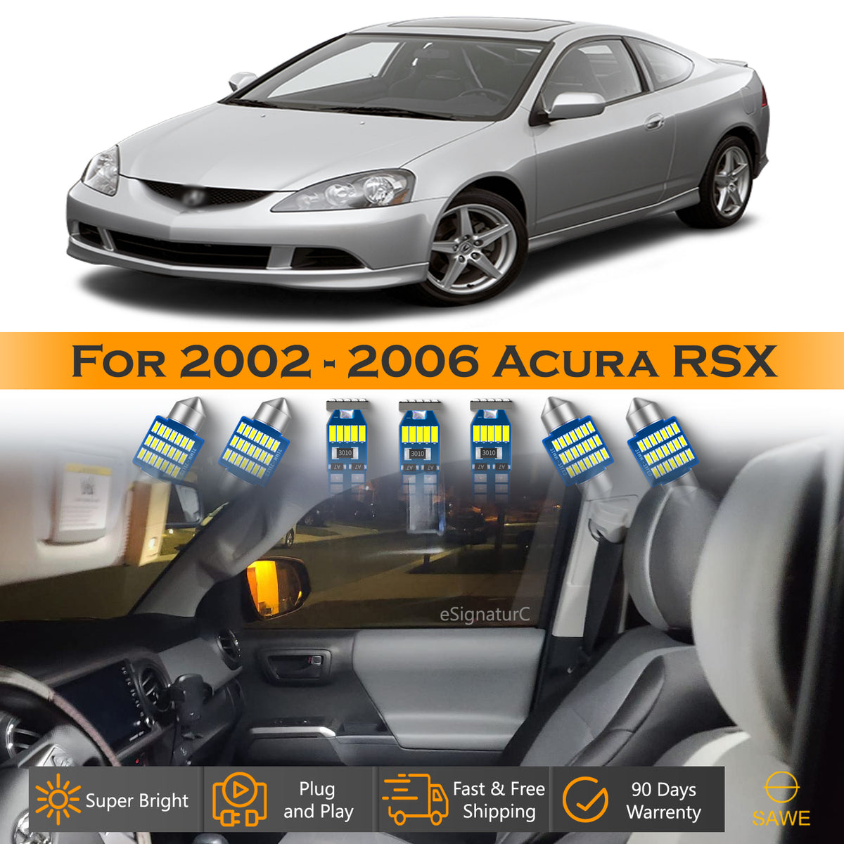 For Acura RSX Interior LED Lights - Dome & Map Light Bulbs Package Kit for 2002 - 2006 - White