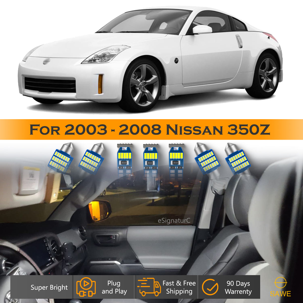 For Nissan 350Z Interior LED Lights - Dome & Map Light Bulbs Package Kit for 2003 - 2008 - White