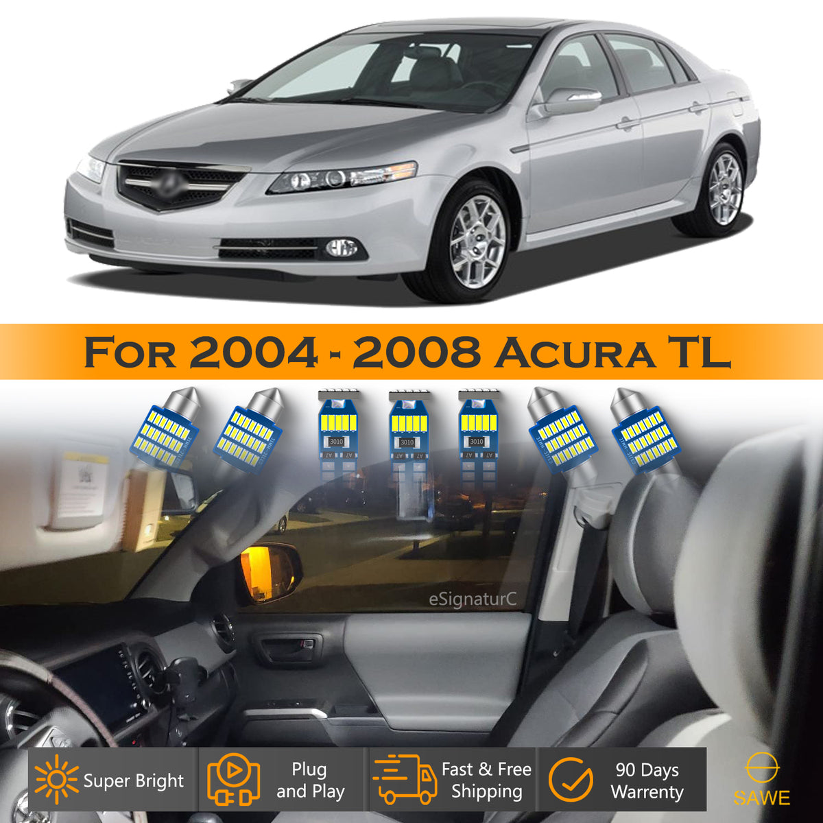 For Acura TL Interior LED Lights - Dome & Map Light Bulbs Package Kit for 2004 - 2008 - White